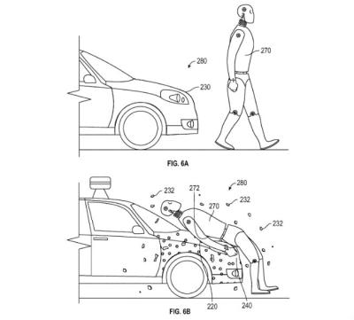 구글 특허는 사고 시 보행자를 자율운전 차에 달라 붙도록 한다.