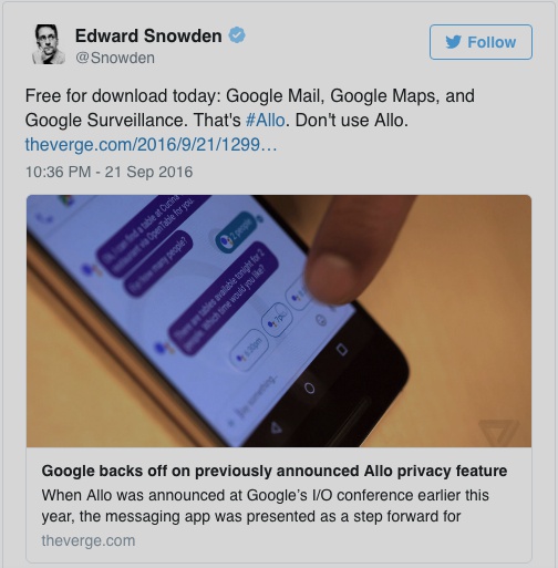 스노든은 구글 알로를 사용하지 말라고 경고한다.
