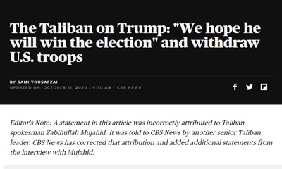 탈레반의 트럼프 재선 지지는 CBS의 가짜 뉴스