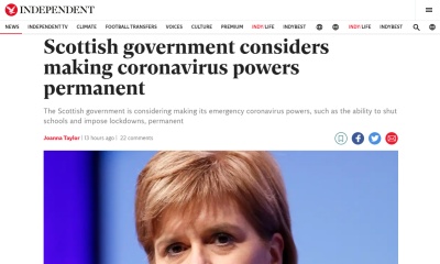 코로나 임시 권력을 영구화하려고 준비하는 스코틀랜드 정부