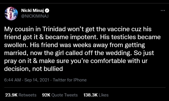 백신에 대한 의견을 밝힌 팝가수 니키 미나즈의 계정을 정지한 트위터