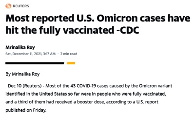CDC. ‘오미크론 확진자의 대다수는 백신 접종자’