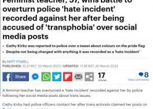 트위터에 트랜스젠더에 관한 의견을 올린 후 ‘증오’ 기록이 붙은 영국 여성